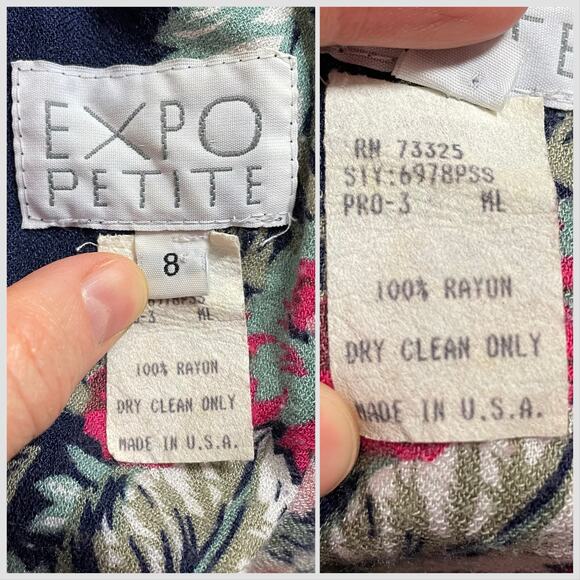 Vintage Floral Rayon Jumpsuit, 1980s Navy & Pink One Piece by Expo, Sz S - Picture 9 of 11